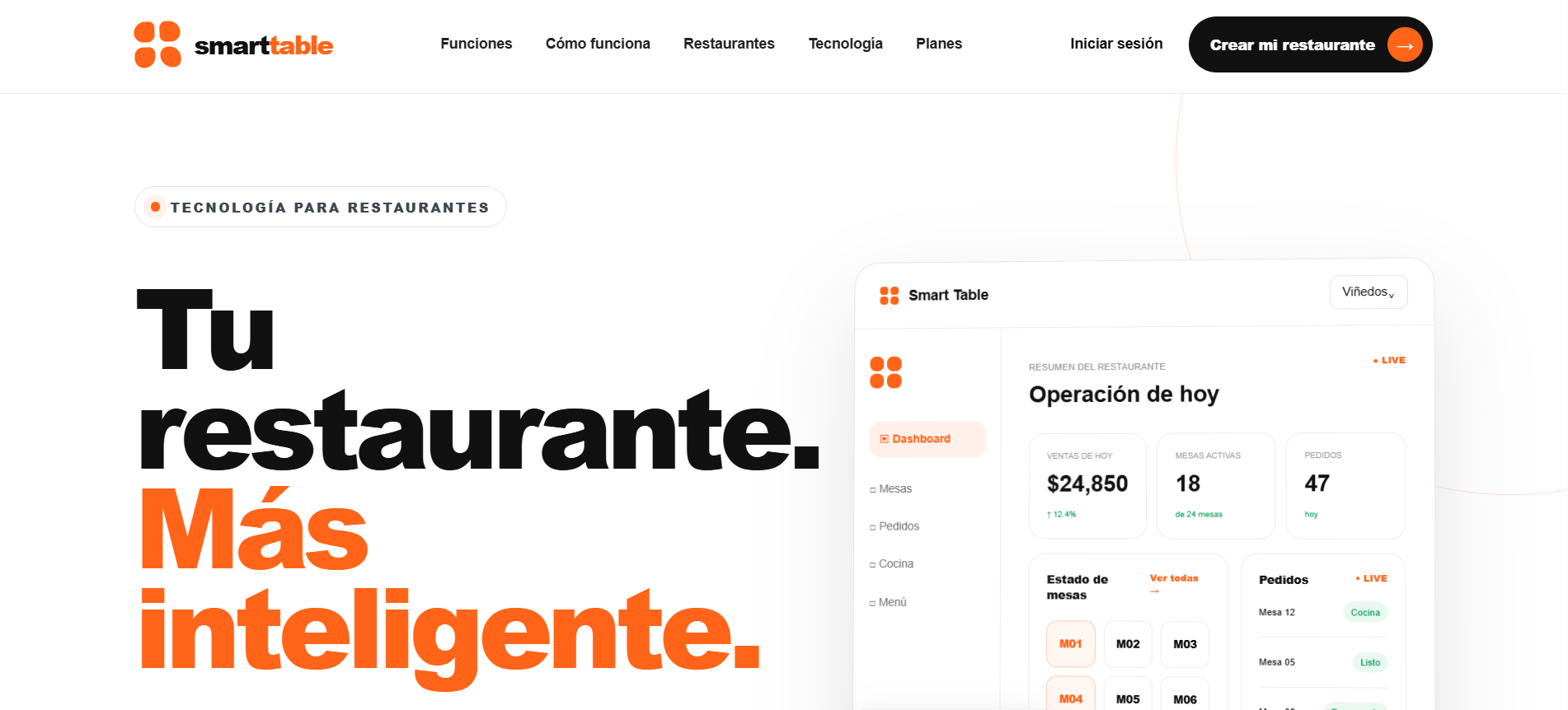 Página principal de Smart Table, plataforma para restaurantes.